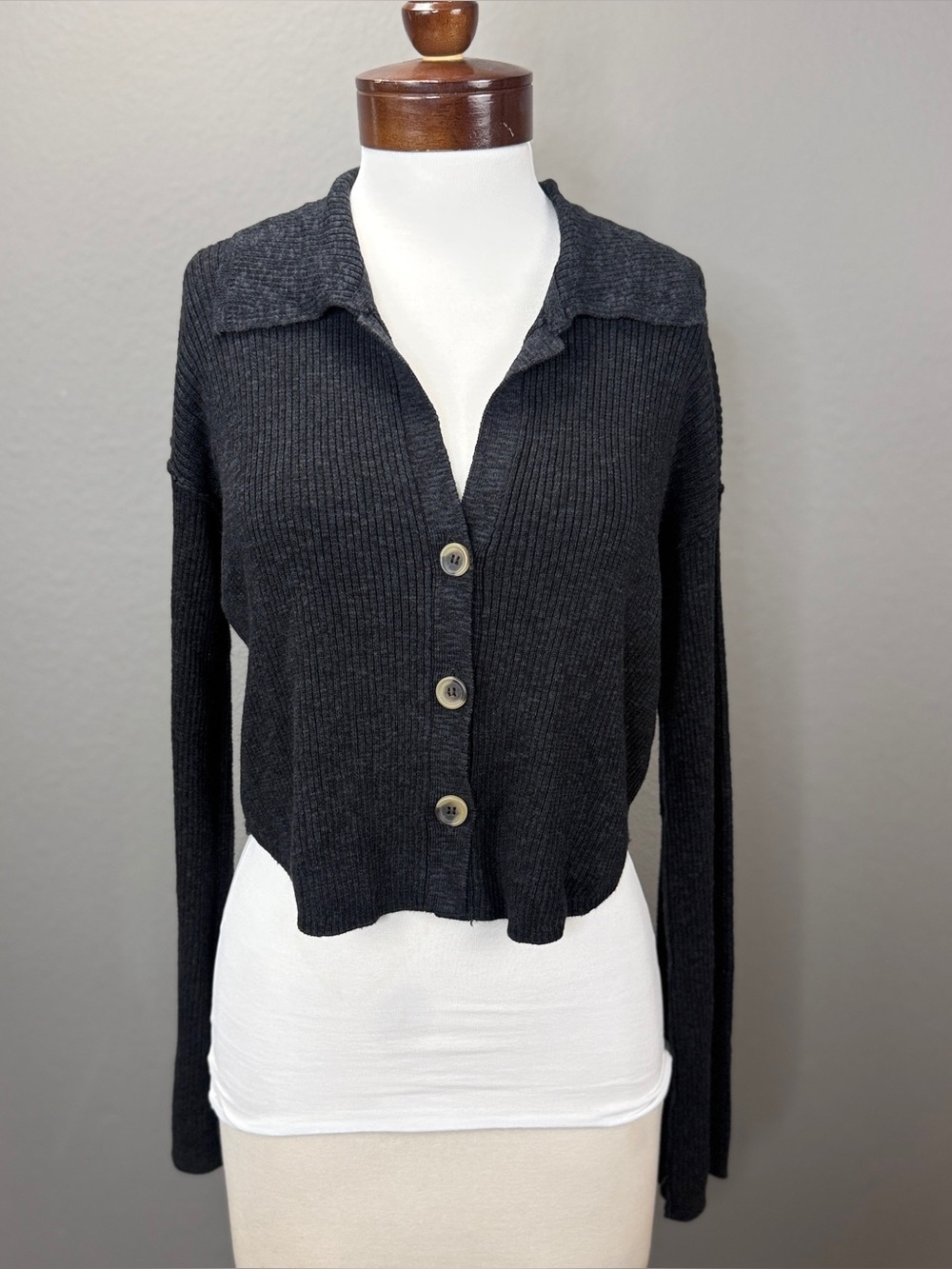 Free People Ella Ribbed Button Up Sweater BlackGray Collared Cropped Cardigan XS